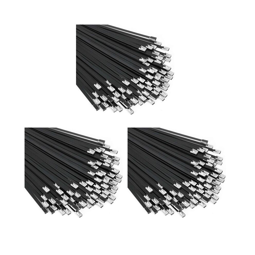 Metal Zip Ties Black 300Pcs 11.8 Inch 304 Stainless Steel Epoxy Coated Cable Tie For Machinery, Vehicles, Farms, Cables 4712668810087