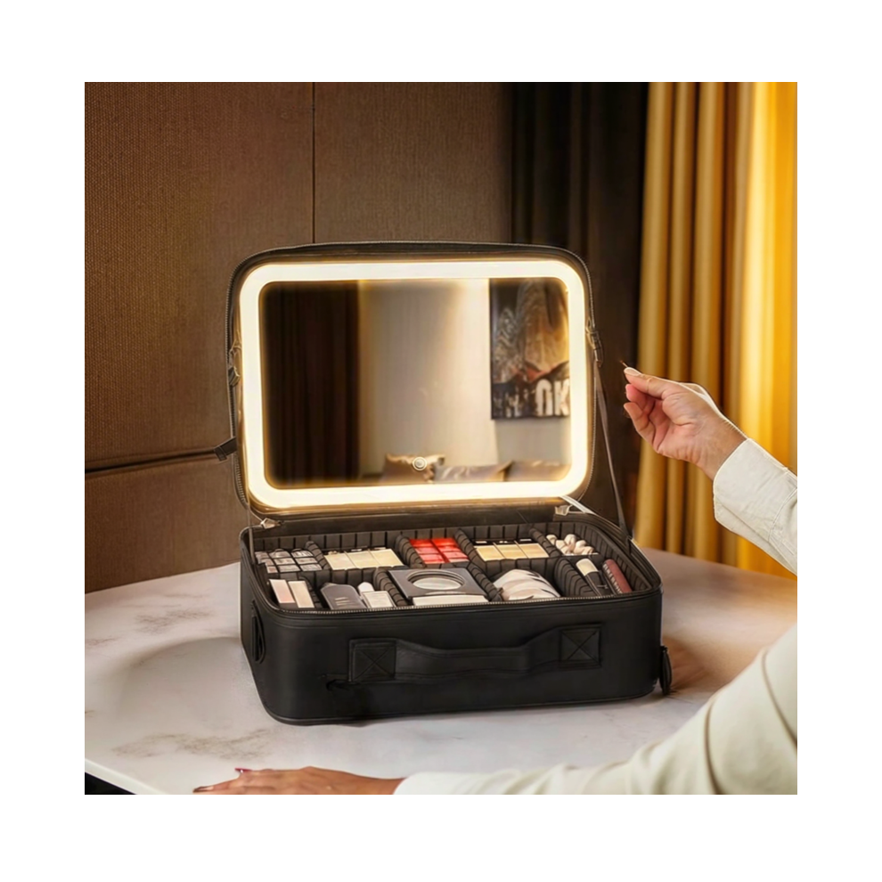 Kokoma Light Travel Cosmetic Bag With Led Mirror Makeup Bag - Rechargeable -Up Mirror, Adjustable Dividers,Multi-Compartments,Professional Vanity Bag