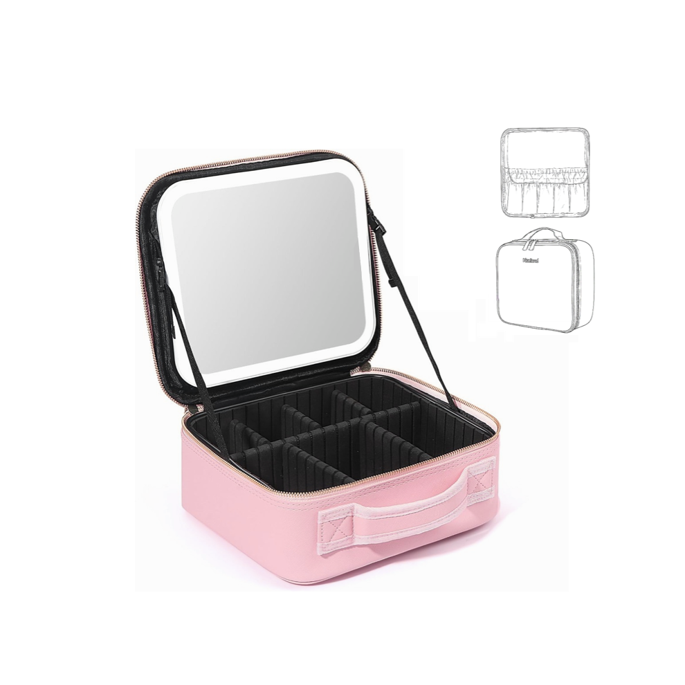 Kokoma Light Travel Cosmetic Bag With Led Mirror Makeup Bag - Rechargeable -Up Mirror, Adjustable Dividers,Multi-Compartments,Professional Vanity Bag