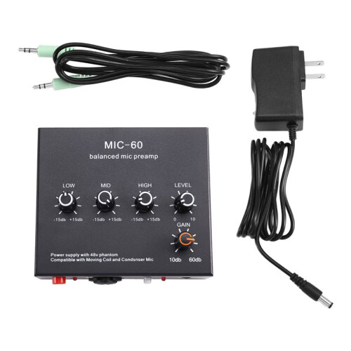 Microphone Preamp 3-Band Equalizer Balanced XLR Interface 60db Gain Mic Pre Amp for Dynamic and Condenser Mic US Plug B