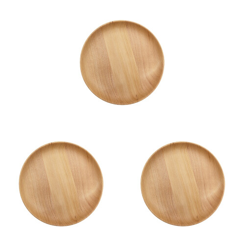 3Pcs Wooden Dinner Plates Round Eco-Friendly Light Brown Dinnerware