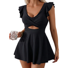 Maillot de bain 1 pièce froncé avec jupe contrôle du-Noir XL
