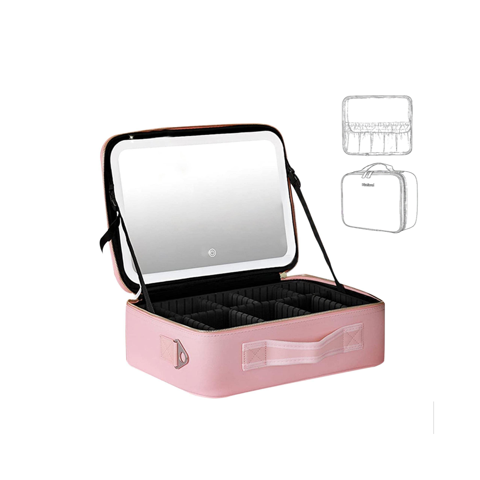 Kokoma Light Travel Cosmetic Bag With Led Mirror Makeup Bag - Rechargeable -Up Mirror, Adjustable Dividers,Multi-Compartments,Professional Vanity Bag
