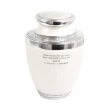 Personalised Pearl White Cremation Urn for Adult Ashes Engravable Memorial Urn with Silver Detailing