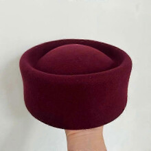 (M 54-58cm, Concave burgundy) Retro Flight Attendant Ball Hat Women's 100% Wool Felt Beret Party Charming Hat Wedding Cocktail Party Medicine Box Hat