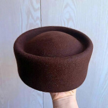 (M 54-58cm, Concave brown) Retro Flight Attendant Ball Hat Women's 100% Wool Felt Beret Party Charming Hat Wedding Cocktail Party Medicine Box Hat