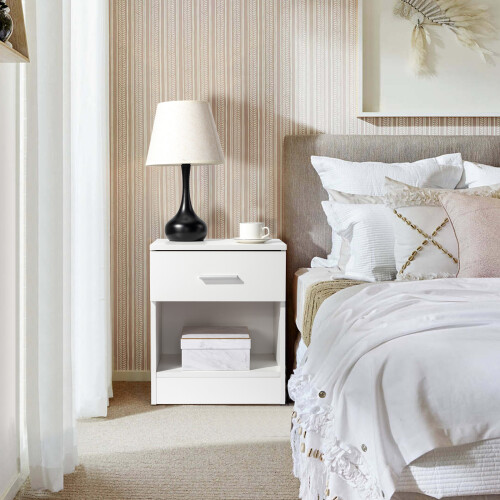 Large Drawer Bedside Chest Space-Saving Storage Large Side Table Minimal Smooth Modern Bedroom Nightstand Unit White 2
