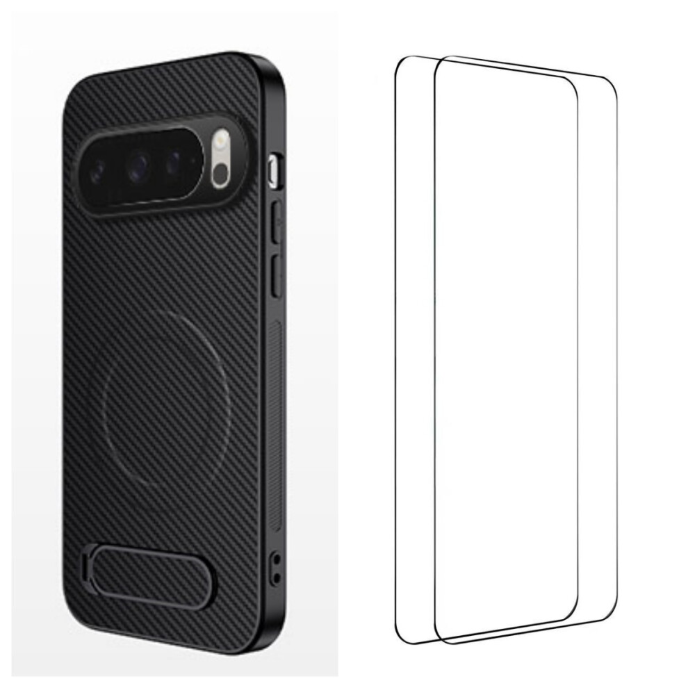 (Black) Wanlonfeng For Google Pixel 10 Pro Magnetic Case With 2Pcs Tempered Glass Films Qt1 Series Kickstand Carbon Fiber Textu Black 6914295944953