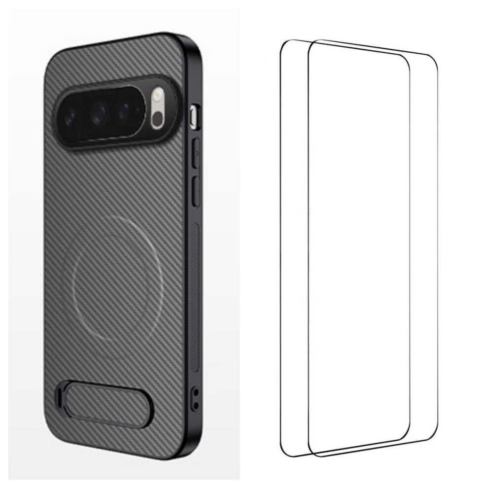 (Grey) Wanlonfeng For Google Pixel 10 Pro Magnetic Case With 2Pcs Tempered Glass Films Qt1 Series Kickstand Carbon Fiber Textu Grey 6914299971191