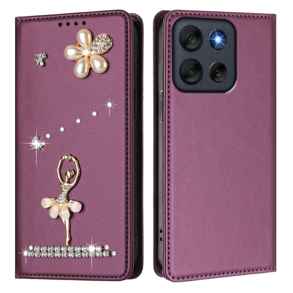 (Violet) For Motorola Moto G66j 5G / Motorola Moto G66y 5G / Motorola Moto G56 5G Leather Case Rfid Blocking Wallet Stand Rhinest 6914290924066