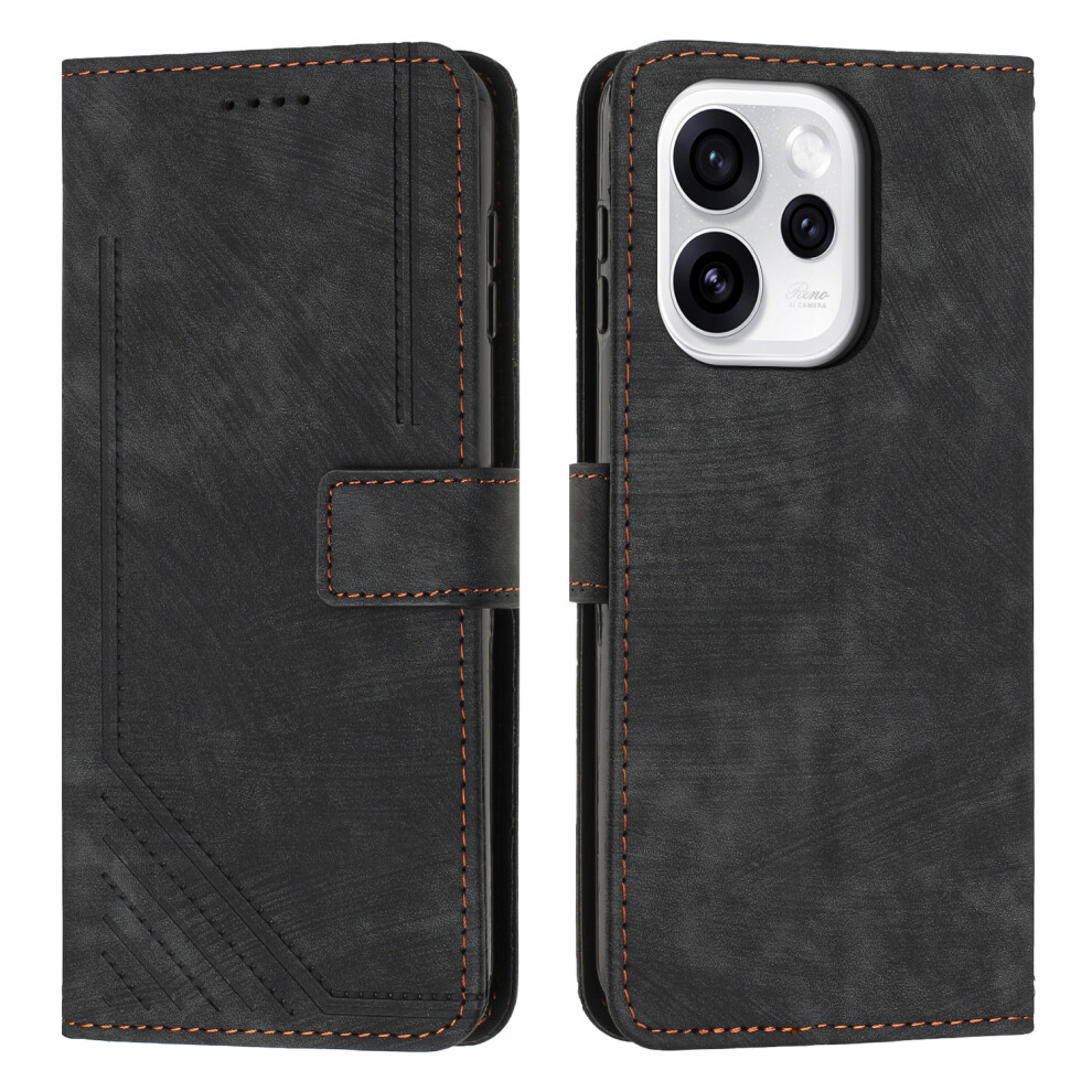 (Black) For Oppo Reno15c 5G (China) / Oppo Reno15 5G (Global) Stand Case Imprinted Lines Leather Phone Cover Black 6914298169643