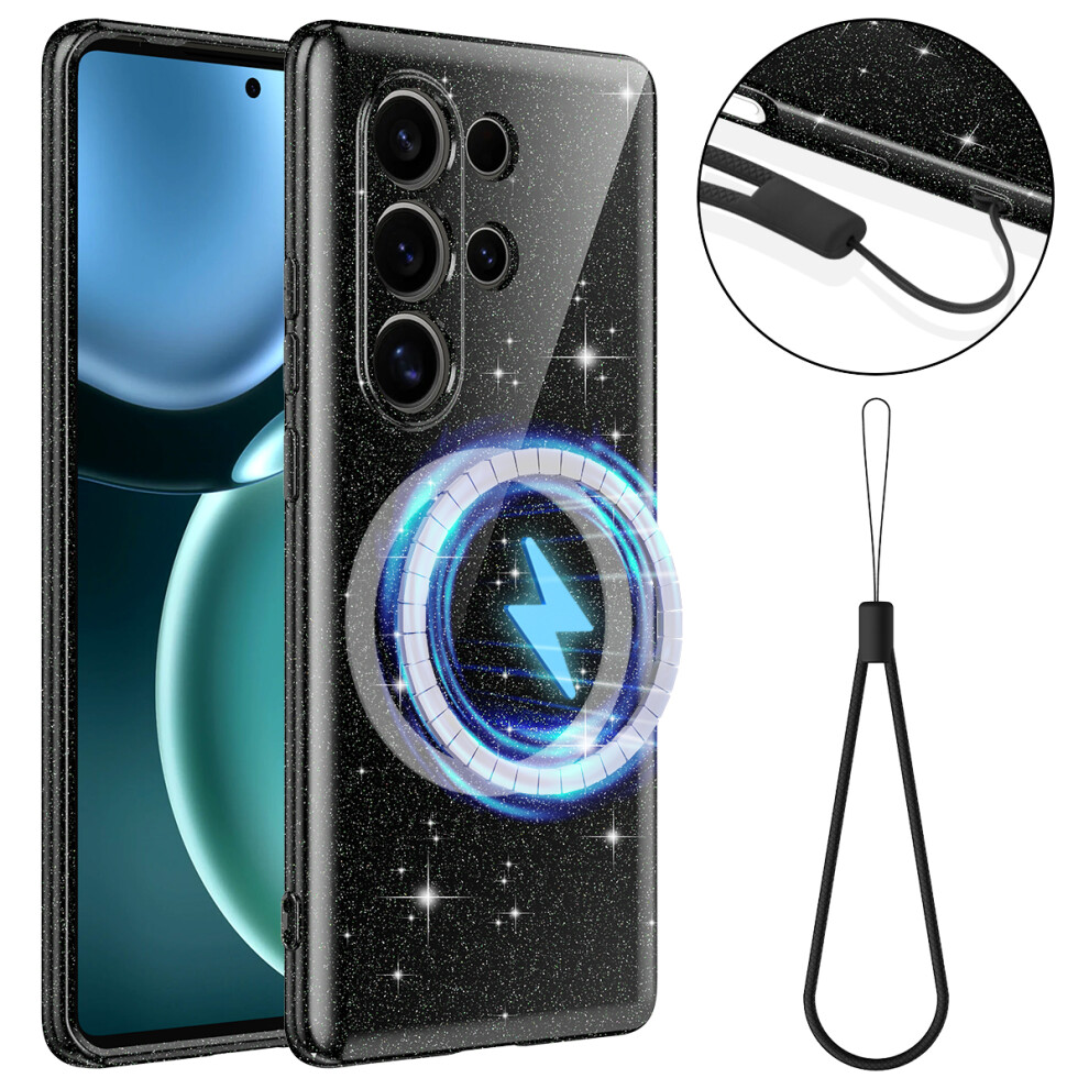 (Black) For Samsung Galaxy S25 Ultra Magnetic Case Glitter Tpu Shockproof Phone Cover With Lanyard Black 6914298828700