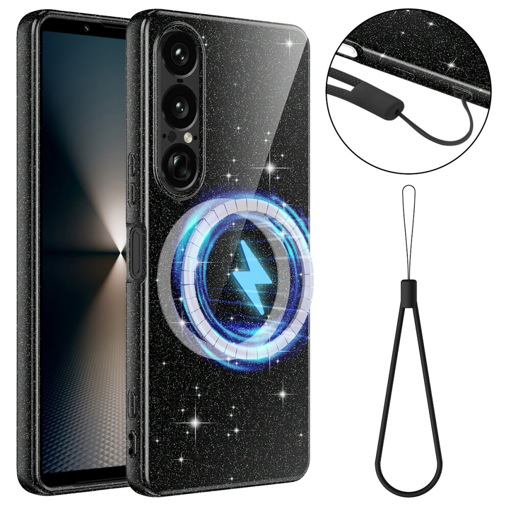 (Black) For Sony Xperia 1 Vii Magnetic Case Glitter Tpu Shockproof Phone Cover With Lanyard Black 6914298637937