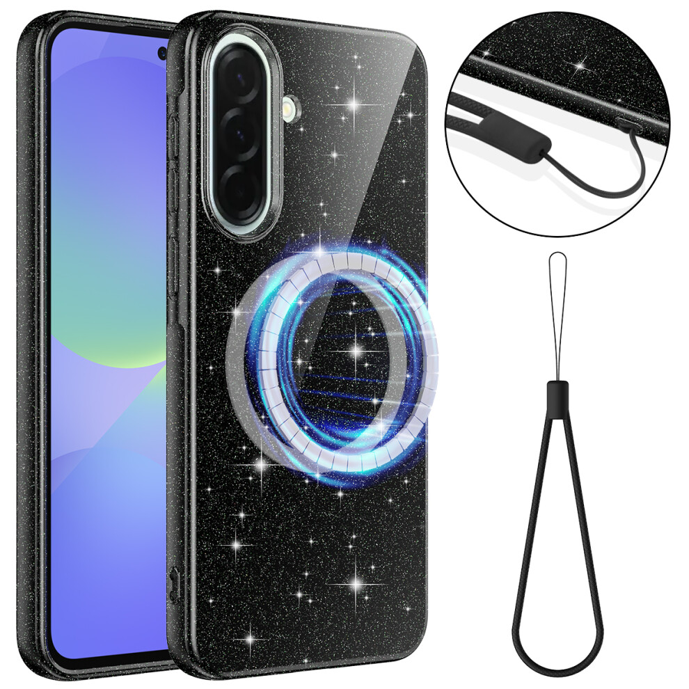 (Black) Magnetic Case For Samsung Galaxy A56 5G / A37 5G / A36 5G Glitter Tpu Shockproof Phone Cover With Lanyard Black 6914291439026