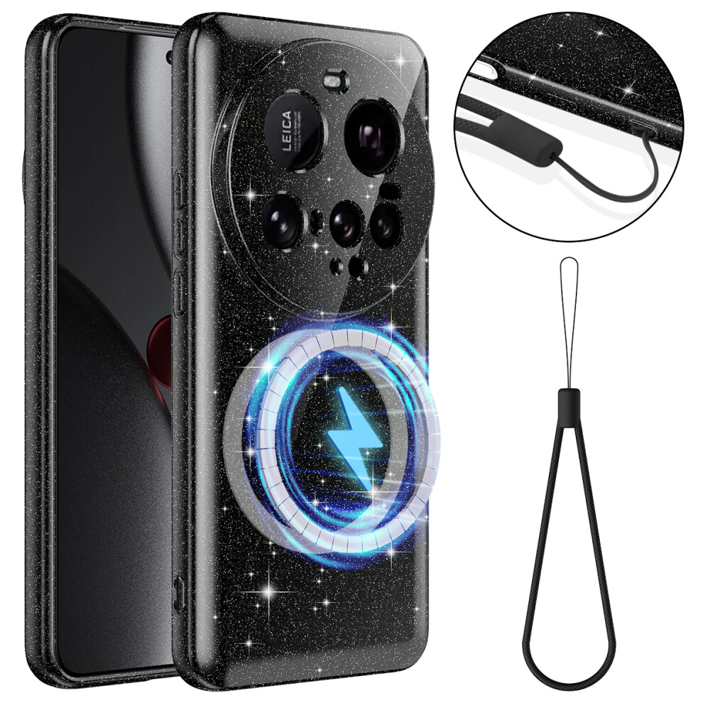 (Black) For Xiaomi 15 Ultra Magnetic Case Glitter Tpu Shockproof Phone Cover With Lanyard Black 6914291123383