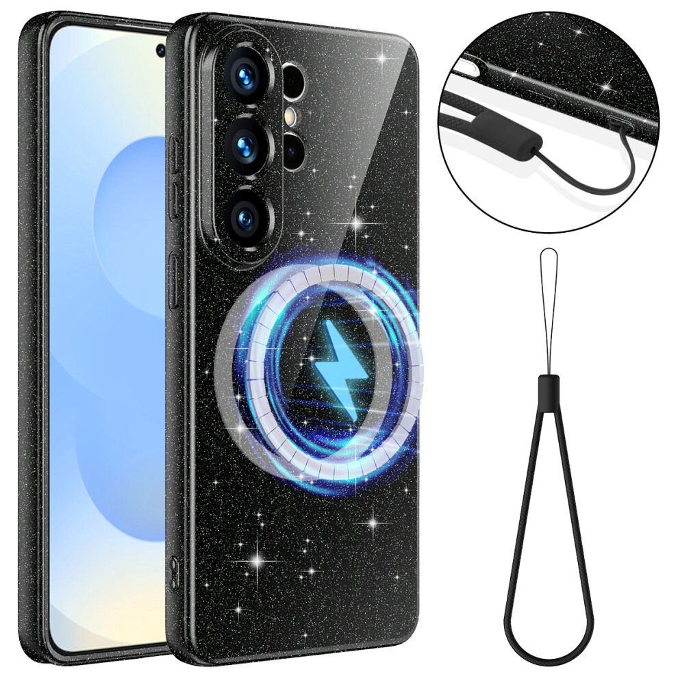 (Black) For Samsung Galaxy S26 Ultra Magnetic Case Glitter Tpu Shockproof Phone Cover With Lanyard Black 6914291163327