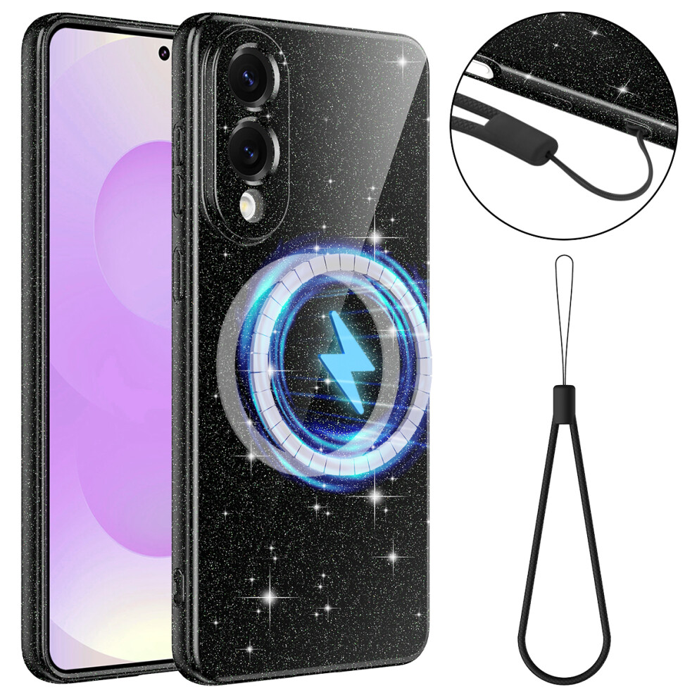 (Black) For Samsung Galaxy S25 Edge Magnetic Case Glitter Tpu Shockproof Phone Cover With Lanyard Black 6914298615126