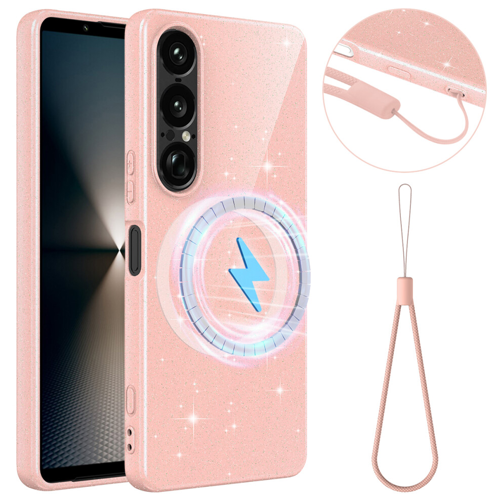 (Pink) For Sony Xperia 1 Vii Magnetic Case Glitter Tpu Shockproof Phone Cover With Lanyard Pink 6914292560460