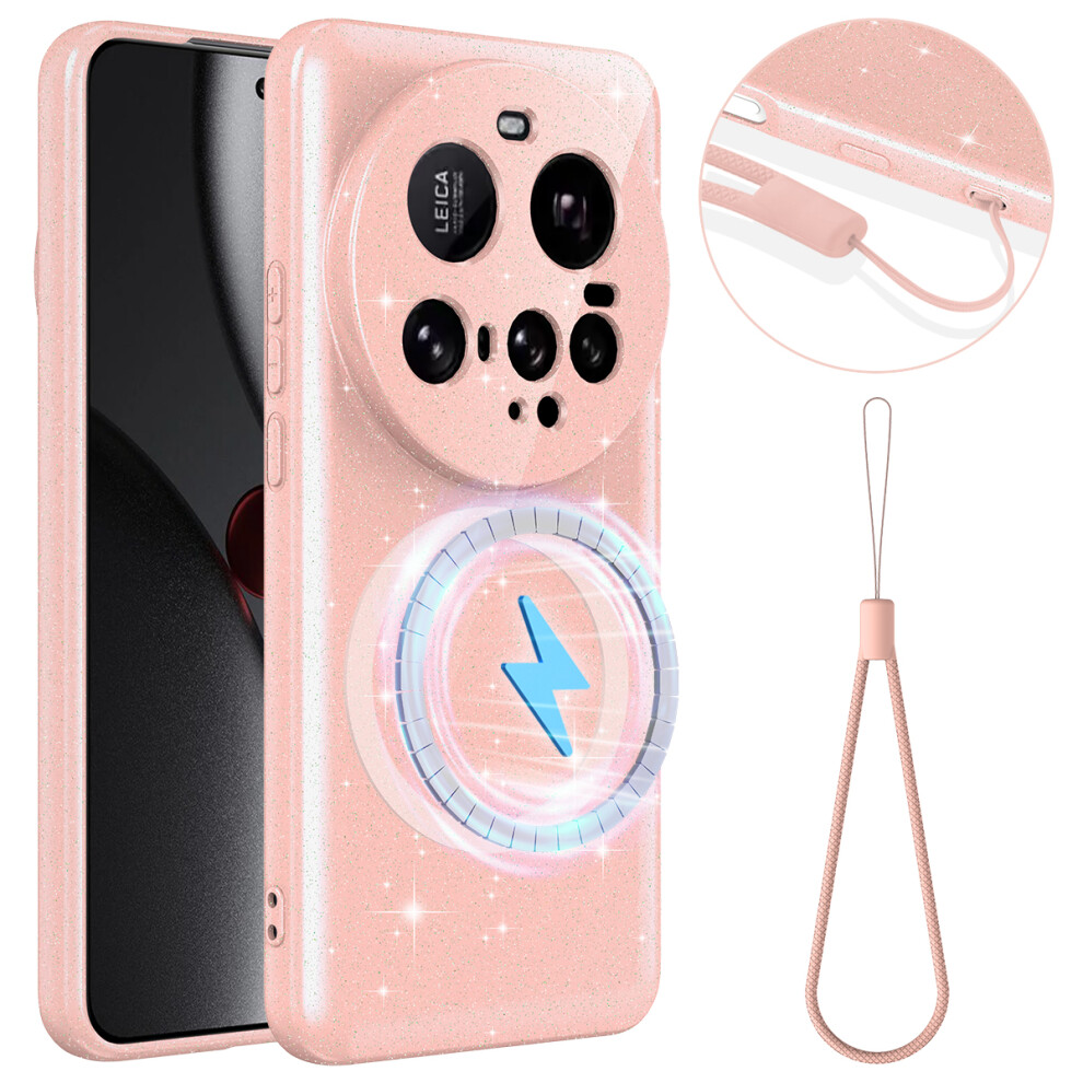 (Pink) For Xiaomi 15 Ultra Magnetic Case Glitter Tpu Shockproof Phone Cover With Lanyard Pink 6914299487173