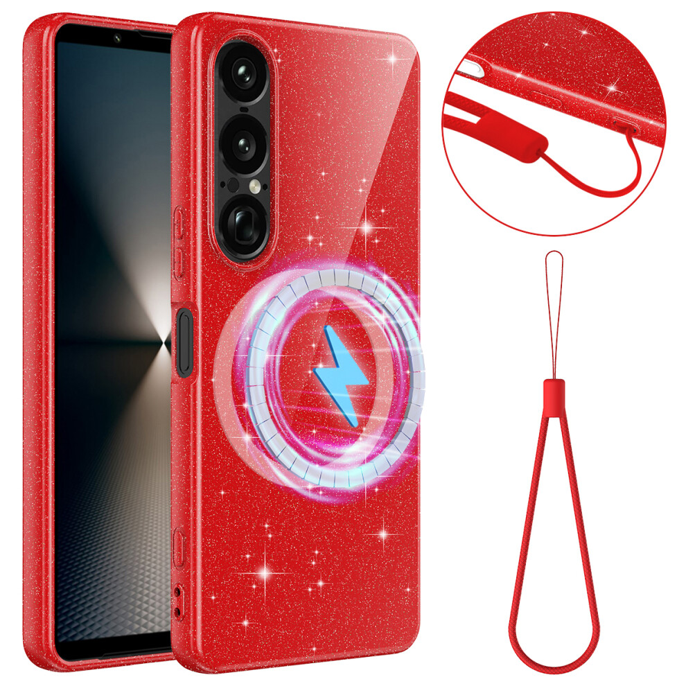 (Red) For Sony Xperia 1 Vii Magnetic Case Glitter Tpu Shockproof Phone Cover With Lanyard Red 6914296360790