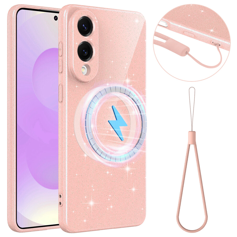 (Pink) For Samsung Galaxy S25 Edge Magnetic Case Glitter Tpu Shockproof Phone Cover With Lanyard Pink 6914296978926