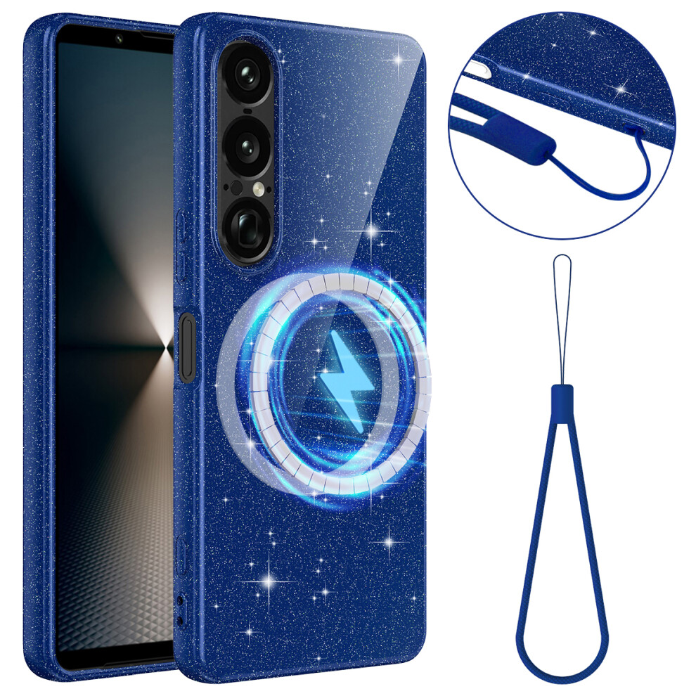 (Blue) For Sony Xperia 1 Vii Magnetic Case Glitter Tpu Shockproof Phone Cover With Lanyard Blue 6914294678415