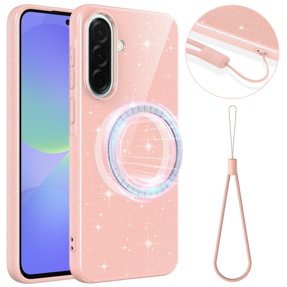 (Pink) Magnetic Case For Samsung Galaxy A56 5G / A37 5G / A36 5G Glitter Tpu Shockproof Phone Cover With Lanyard Pink 6914299973683