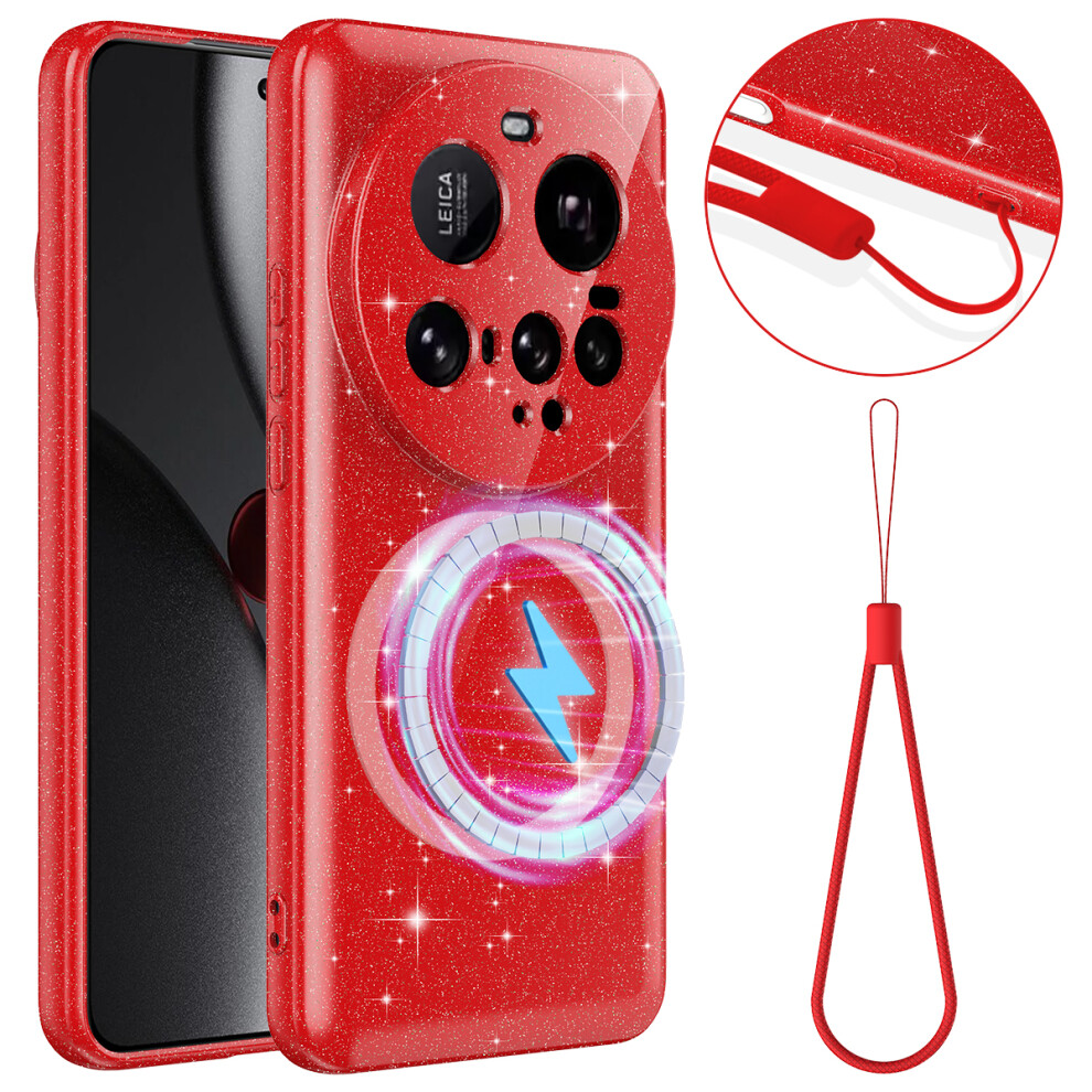 (Red) For Xiaomi 15 Ultra Magnetic Case Glitter Tpu Shockproof Phone Cover With Lanyard Red 6914293075222