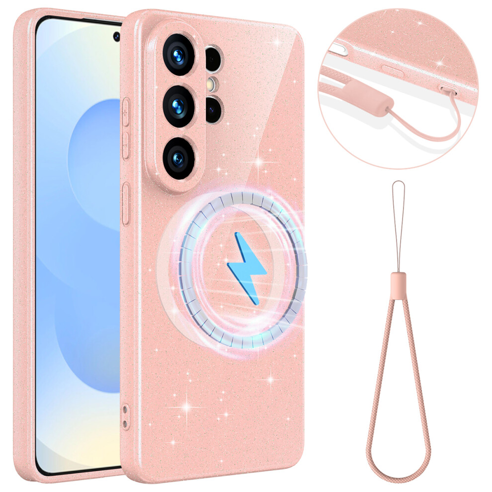 (Pink) For Samsung Galaxy S26 Ultra Magnetic Case Glitter Tpu Shockproof Phone Cover With Lanyard Pink 6914298058718