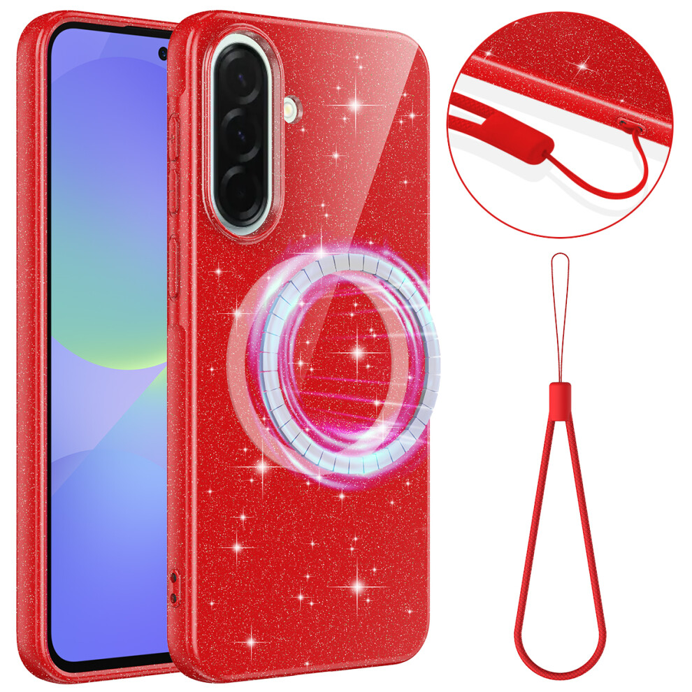 (Red) Magnetic Case For Samsung Galaxy A56 5G / A37 5G / A36 5G Glitter Tpu Shockproof Phone Cover With Lanyard Red 6914295027076