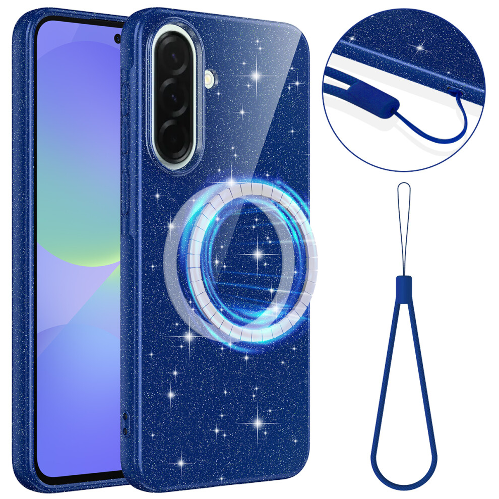 (Blue) Magnetic Case For Samsung Galaxy A56 5G / A37 5G / A36 5G Glitter Tpu Shockproof Phone Cover With Lanyard Blue 6914295631679