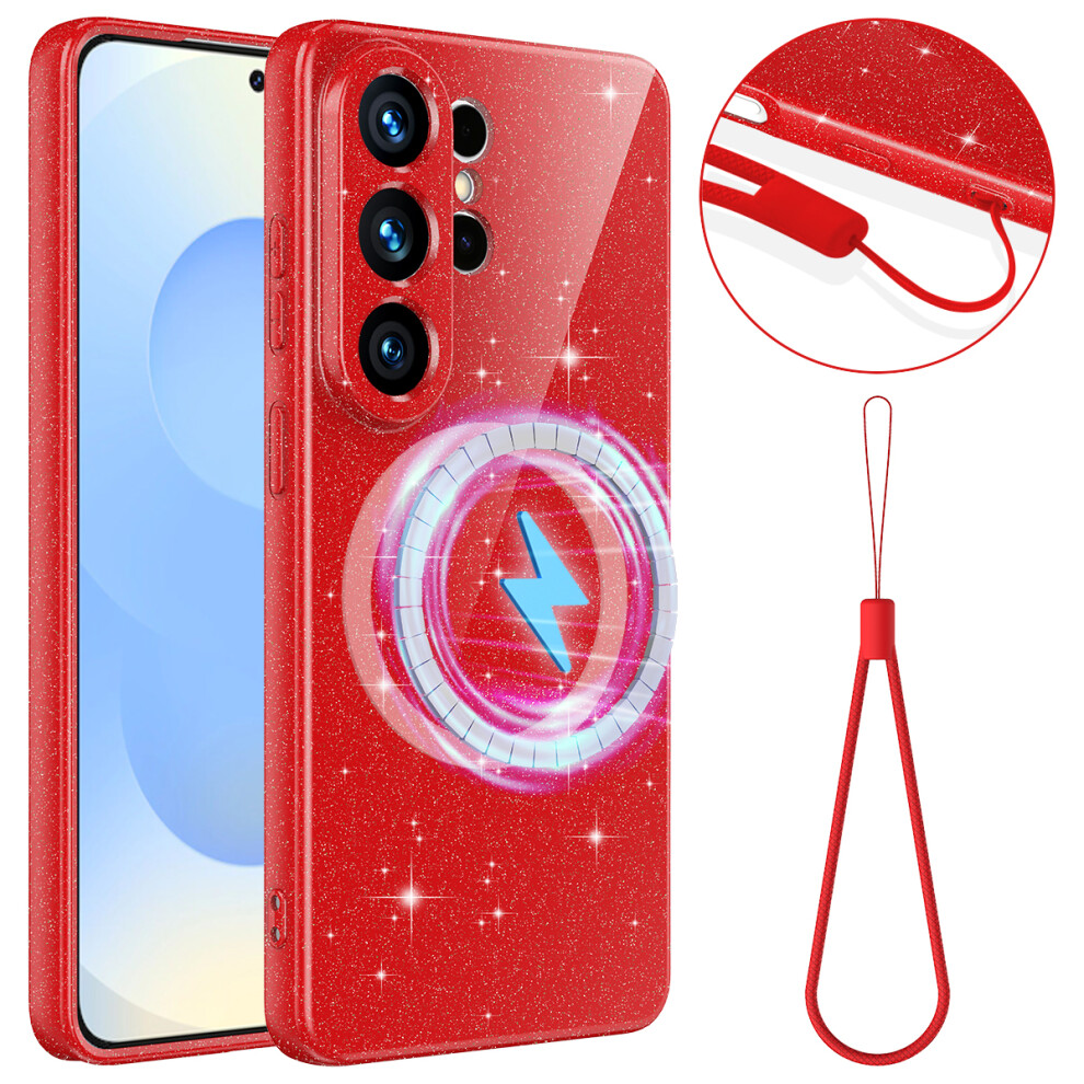 (Red) For Samsung Galaxy S26 Ultra Magnetic Case Glitter Tpu Shockproof Phone Cover With Lanyard Red 6914293693945