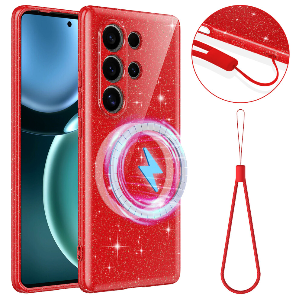 (Red) For Samsung Galaxy S25 Ultra Magnetic Case Glitter Tpu Shockproof Phone Cover With Lanyard Red 6914292518829