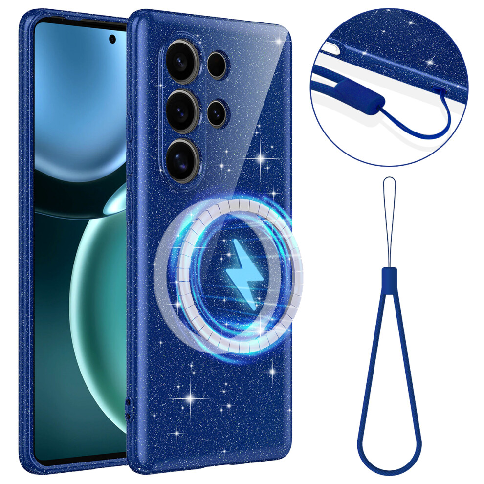 (Blue) For Samsung Galaxy S25 Ultra Magnetic Case Glitter Tpu Shockproof Phone Cover With Lanyard Blue 6914295787185