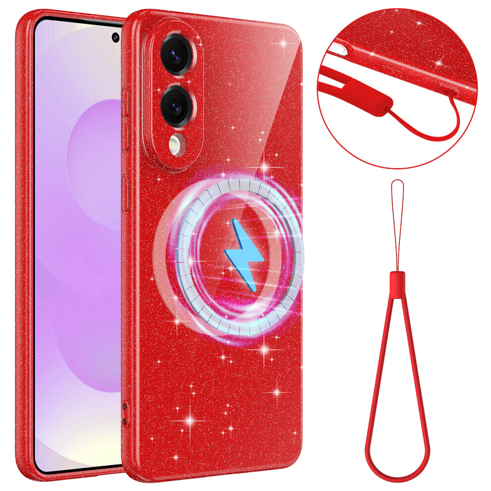 (Red) For Samsung Galaxy S25 Edge Magnetic Case Glitter Tpu Shockproof Phone Cover With Lanyard Red 6914297880433