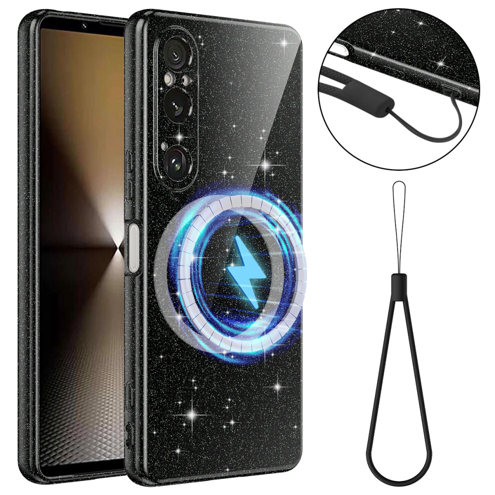 (Black) For Sony Xperia 1 Vi Magnetic Case Glitter Tpu Shockproof Phone Cover With Lanyard Black 6914290640911