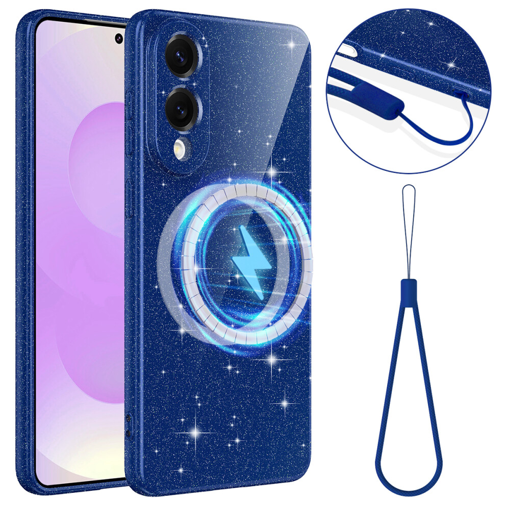 (Blue) For Samsung Galaxy S25 Edge Magnetic Case Glitter Tpu Shockproof Phone Cover With Lanyard Blue 6914290566976