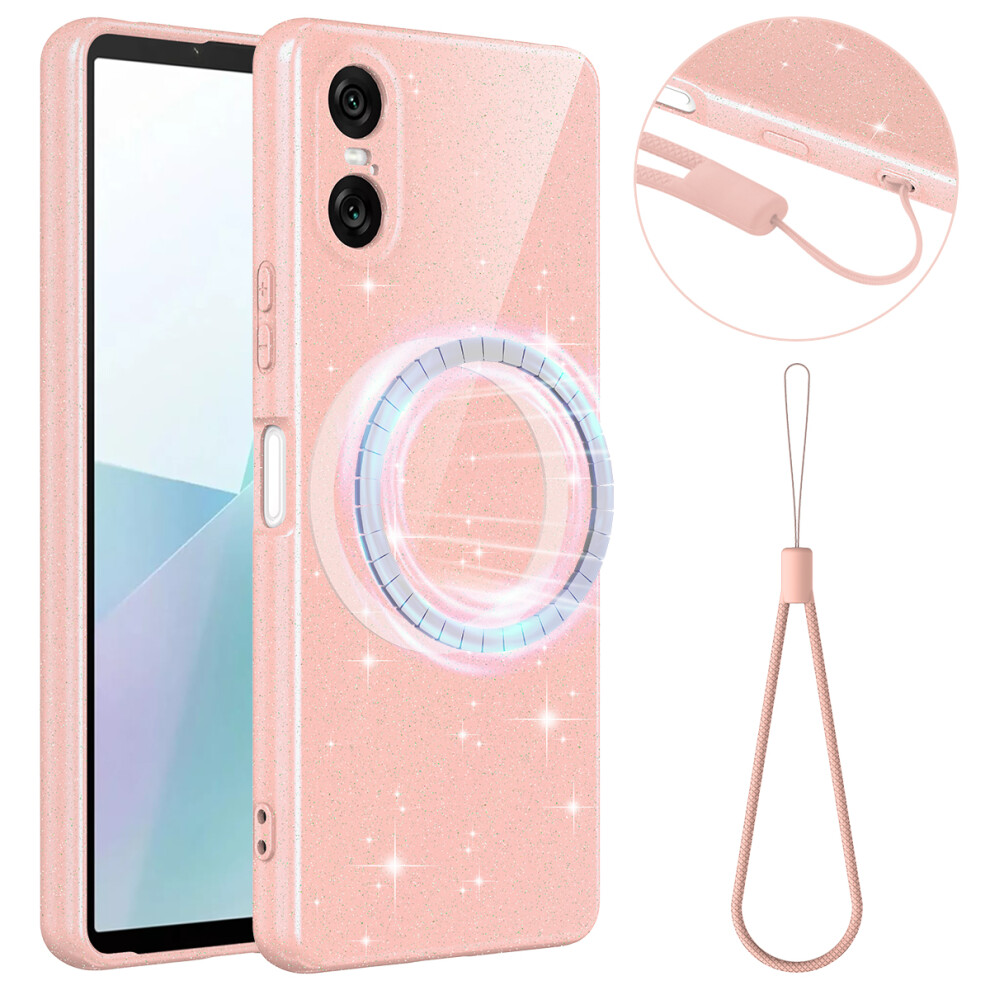 (Pink) For Sony Xperia 10 Vi Magnetic Case Glitter Tpu Shockproof Phone Cover With Lanyard Pink 6914291426989