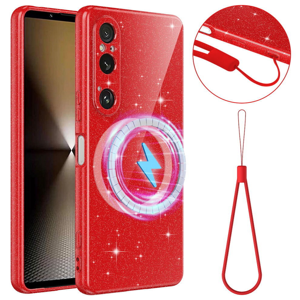 (Red) For Sony Xperia 1 Vi Magnetic Case Glitter Tpu Shockproof Phone Cover With Lanyard Red 6914291481490