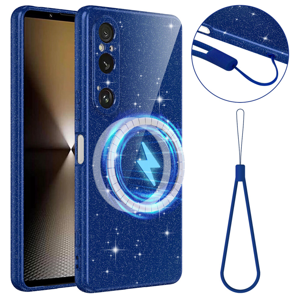 (Blue) For Sony Xperia 1 Vi Magnetic Case Glitter Tpu Shockproof Phone Cover With Lanyard Blue 6914291600693