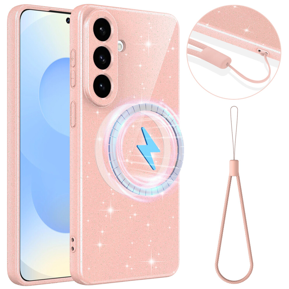(Pink) For Samsung Galaxy S26+ Magnetic Case Glitter Tpu Shockproof Phone Cover With Lanyard Pink 6914296106879