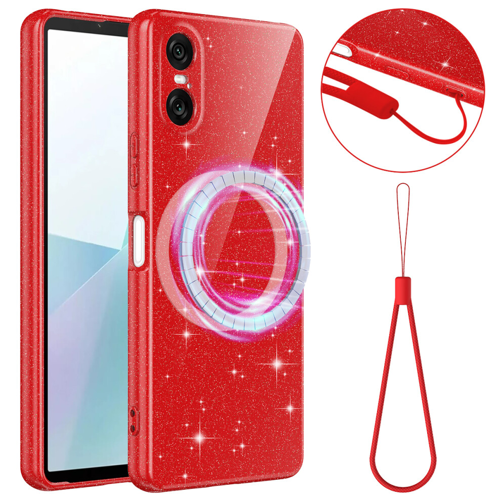 (Red) For Sony Xperia 10 Vi Magnetic Case Glitter Tpu Shockproof Phone Cover With Lanyard Red 6914296630268