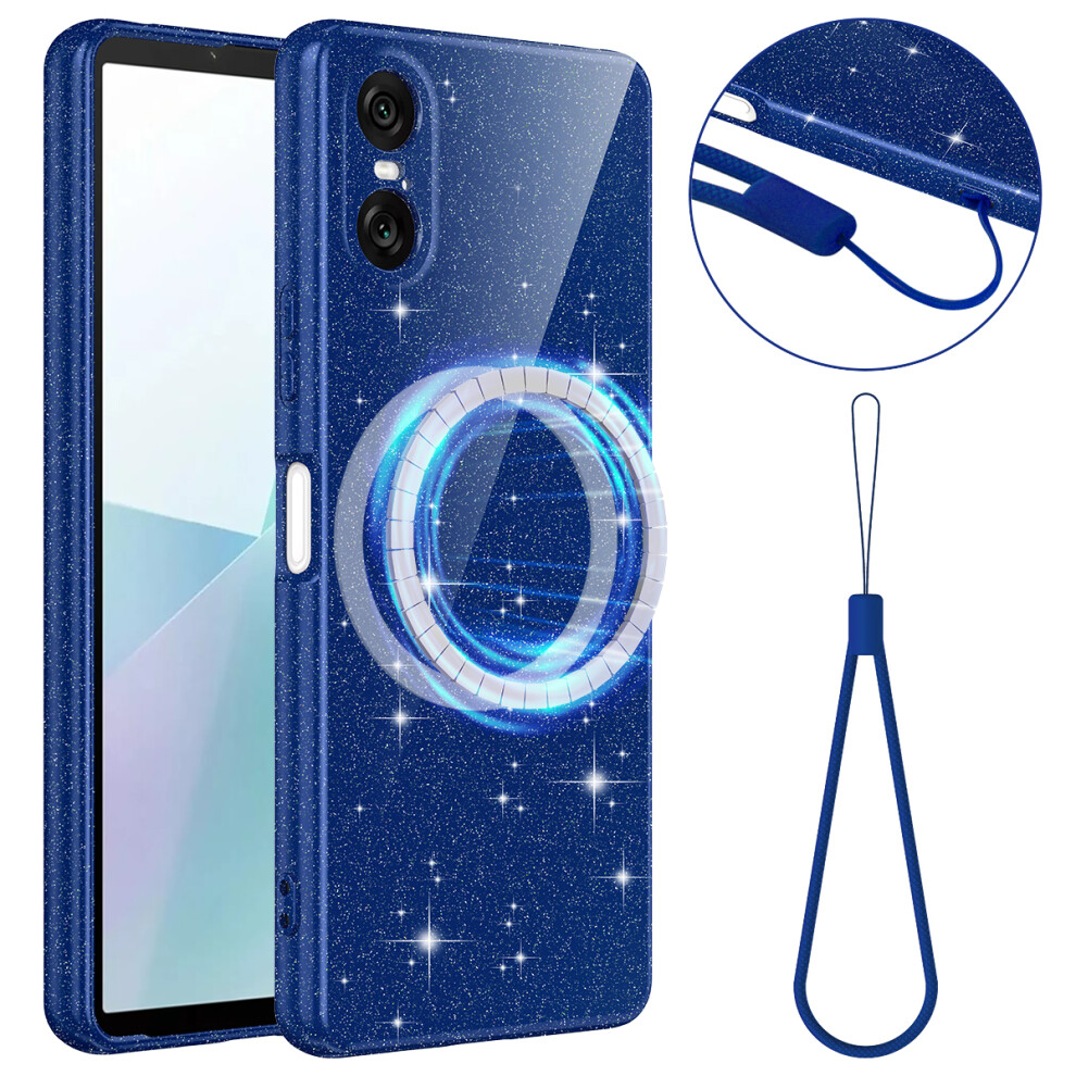 (Blue) For Sony Xperia 10 Vi Magnetic Case Glitter Tpu Shockproof Phone Cover With Lanyard Blue 6914295491754
