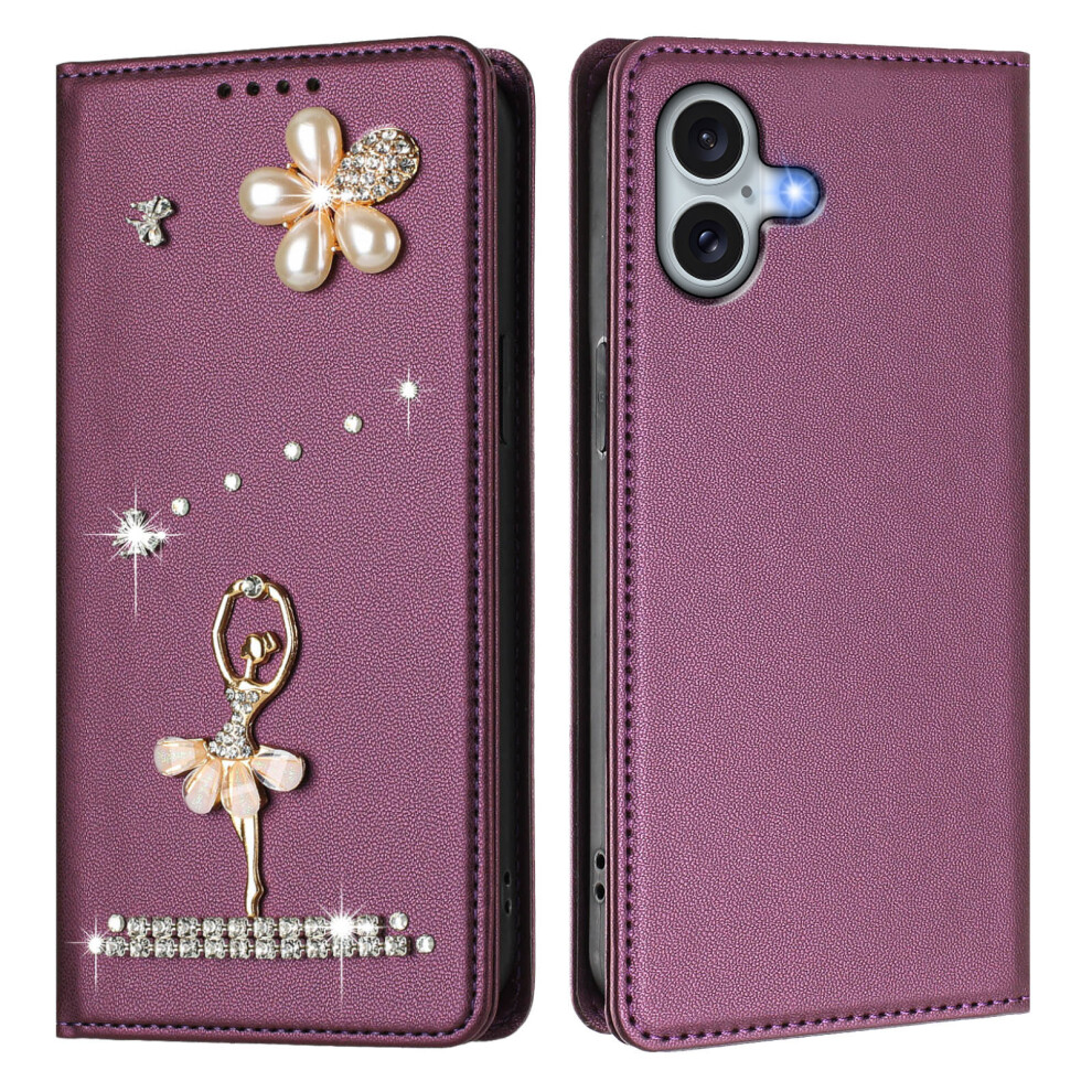 (Violet) For Iphone 16 Plus Leather Case Rfid Blocking Wallet Stand Rhinestones Ballet Dancer Flip Phone Cover 6914294385863