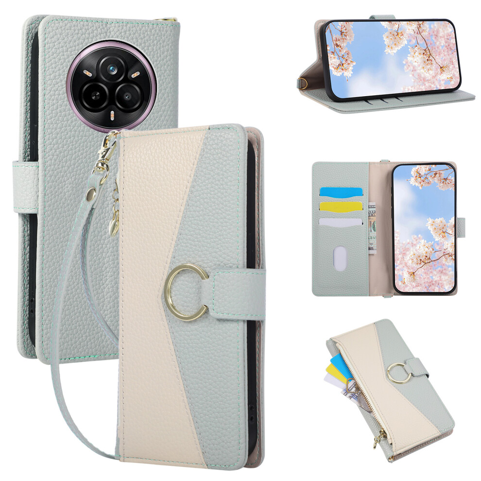 (Blue) For Realme 14 Pro+ 5G / P3 Pro 5G Wallet Case Triangular Splicing Zipper Leather Flip Cover With Wrist Strap Blue 6914296275551