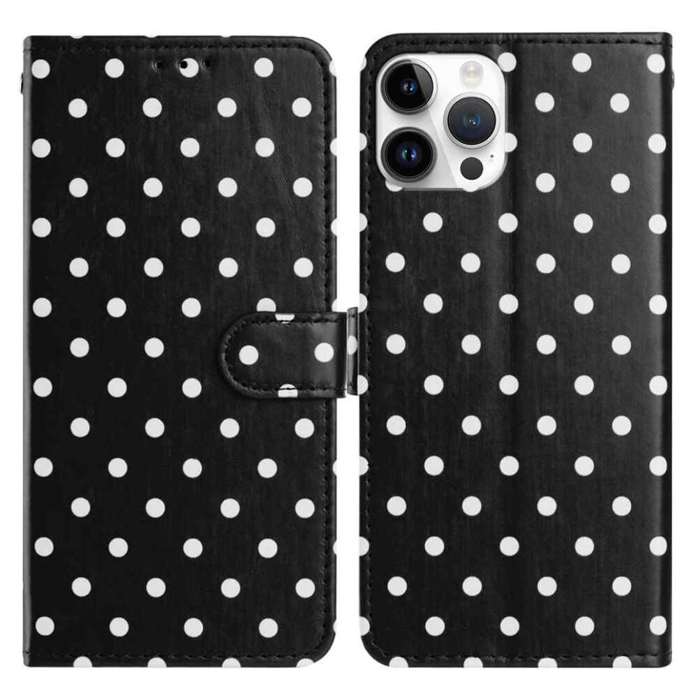 (Black) For Iphone 13 Pro Leather Case Polka Dot Pattern Wallet Stand Folio Phone Cover Black 6914297207087