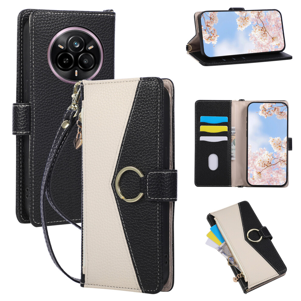 (Black) For Realme 14 Pro+ 5G / P3 Pro 5G Wallet Case Triangular Splicing Zipper Leather Flip Cover With Wrist Strap Black 6914291036867