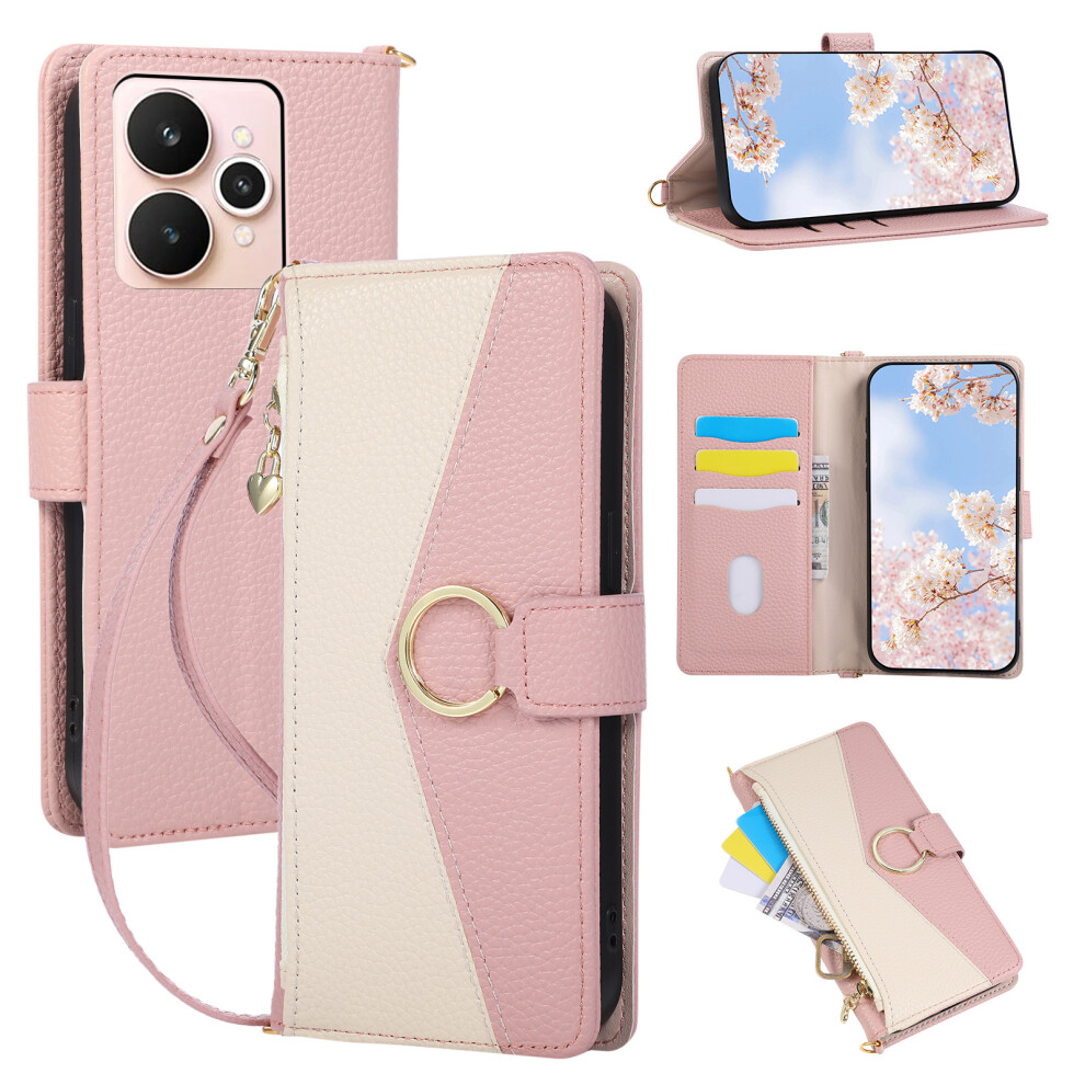 (Pink) For Realme 15 5G Wallet Case Triangular Splicing Zipper Leather Flip Cover With Wrist Strap Pink 6914296067255