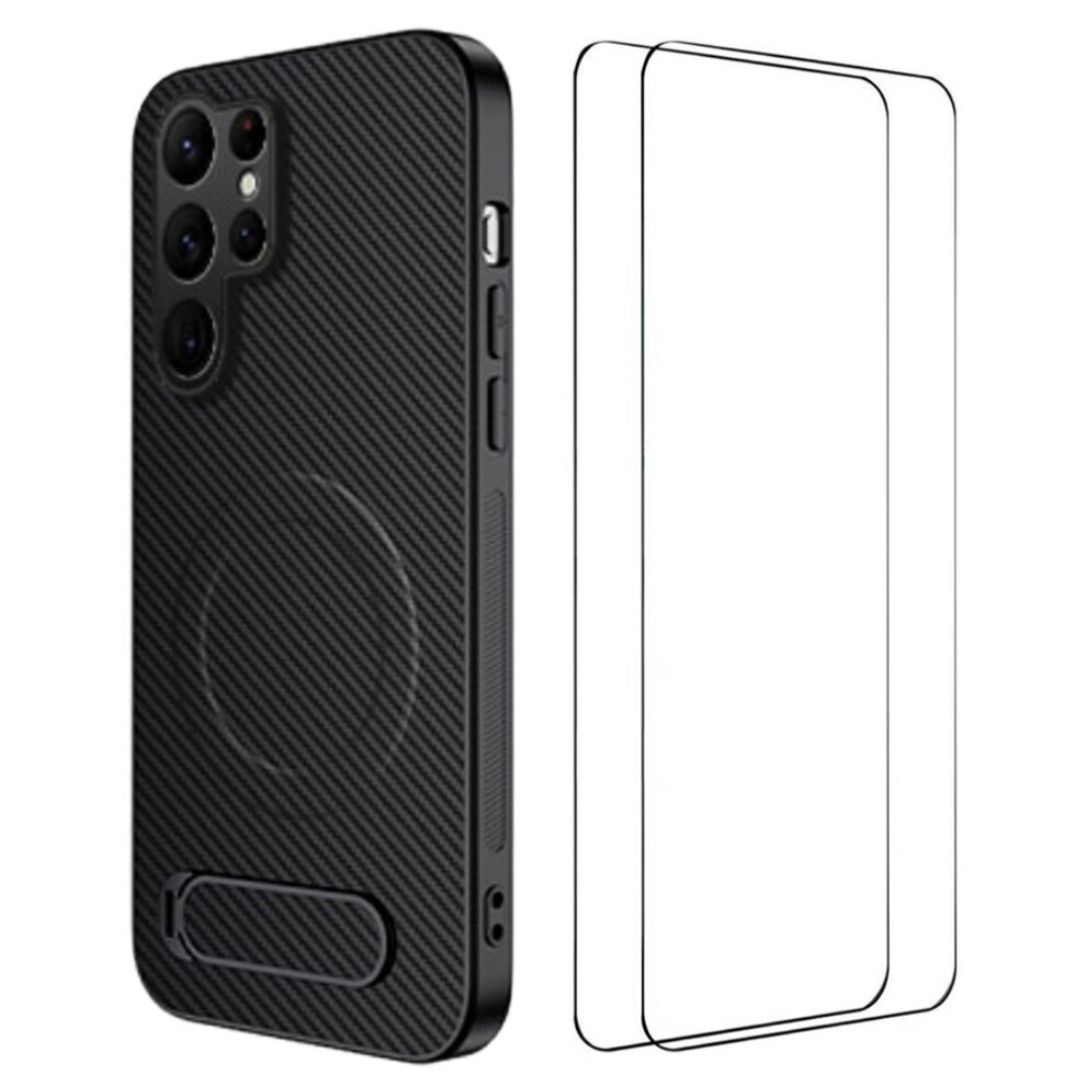 (Black) Wanlonfeng For Samsung Galaxy S25 Ultra Magnetic Case With 2Pcs Tempered Glass Films Qt1 Series Kickstand Carbon Fiber Black 6914291249175