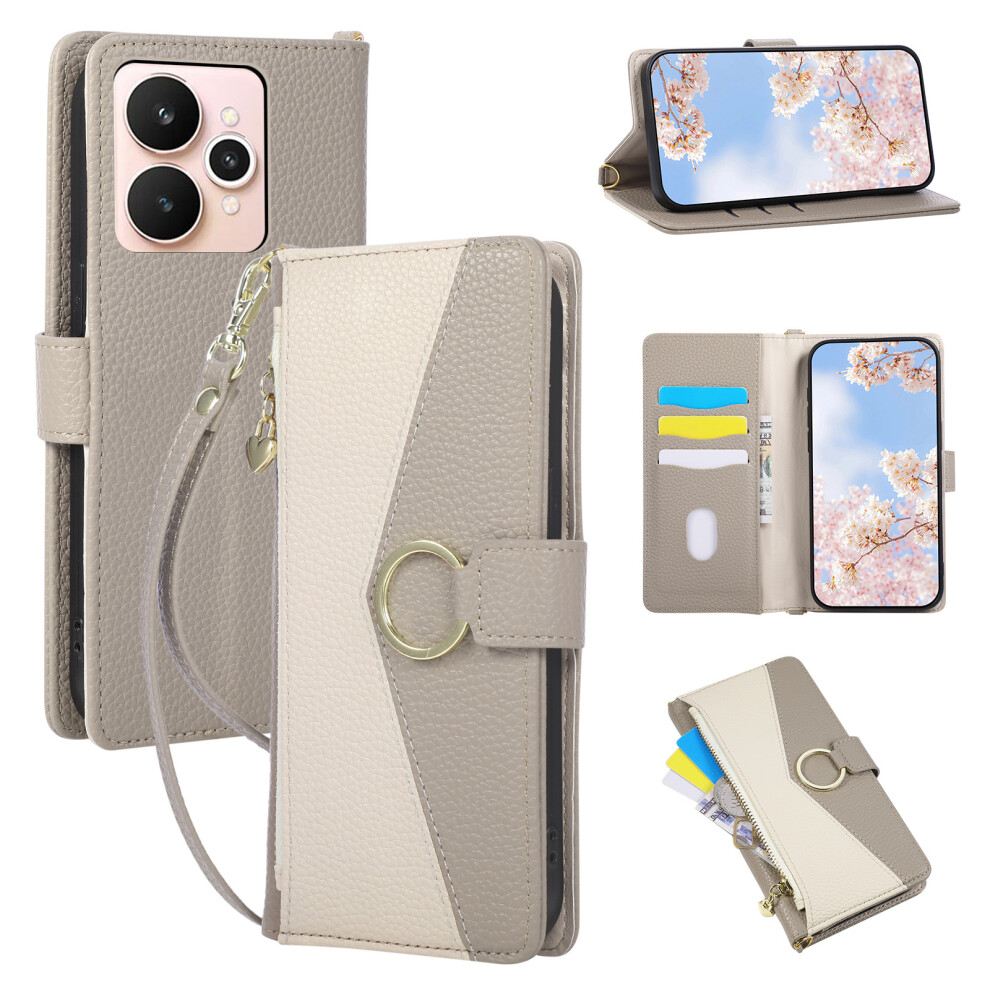 (Grey) For Realme 15 5G Wallet Case Triangular Splicing Zipper Leather Flip Cover With Wrist Strap Grey 6914298216644